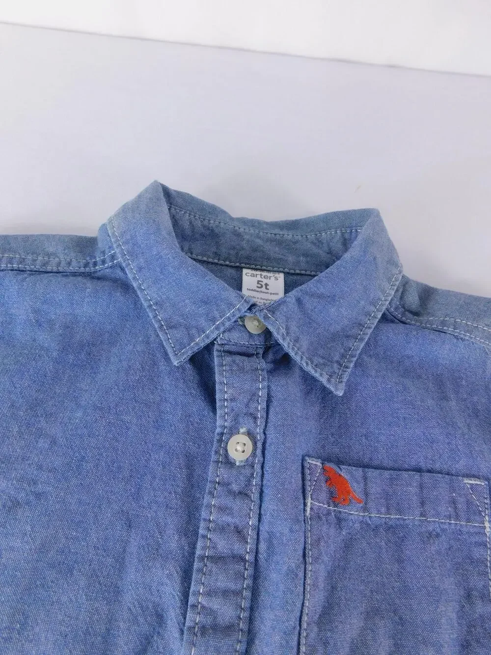 Carter's Shirt Boys 5T Blue Denim Short Sleeve Button-Up Embroidered Dino Pocket